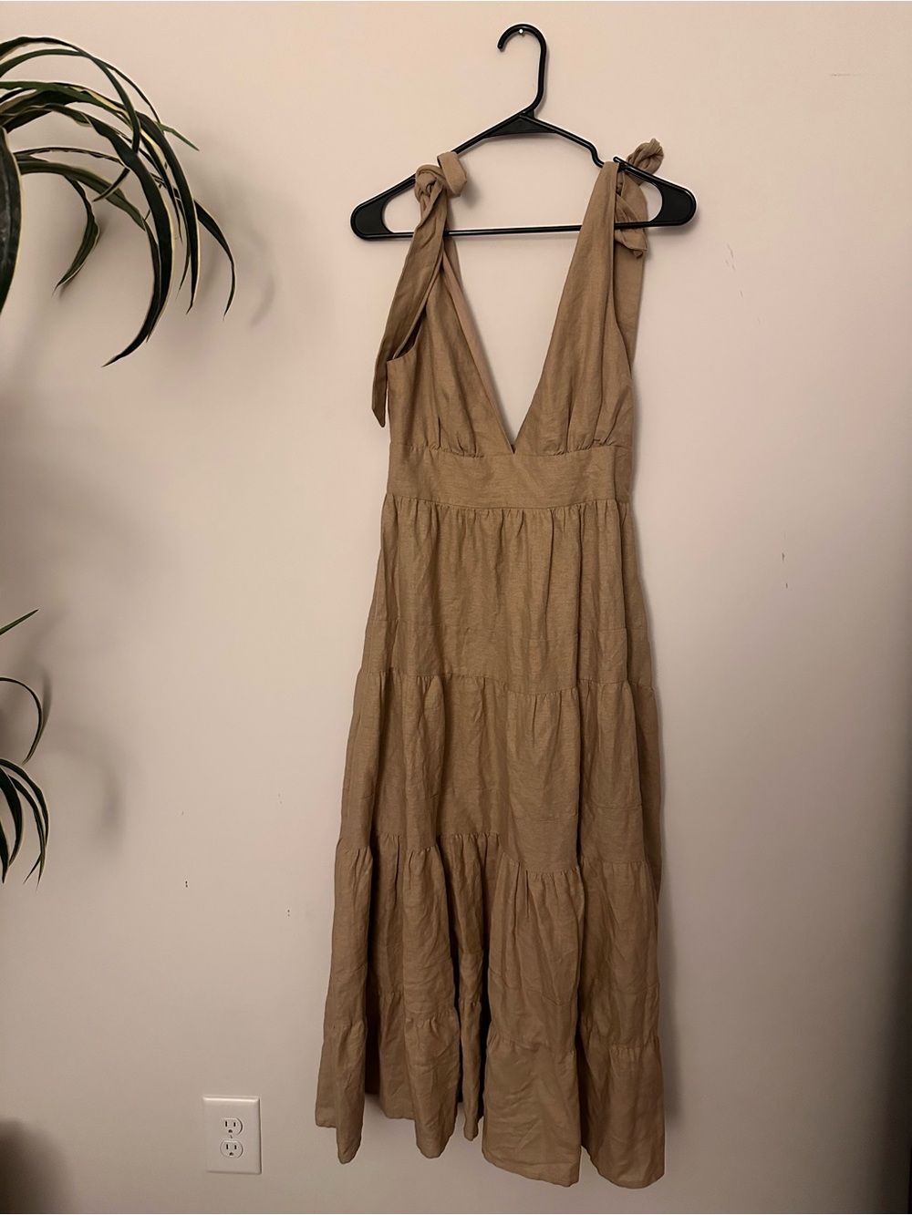 Tie-Shoulder Linen Maxi Dress in Tan